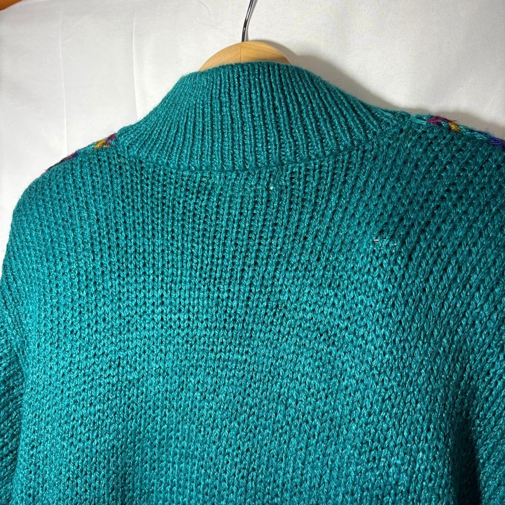 Vintage Jamie Scott Hand Knit Teal Fair Isle Sweater Mock Neck Heavy Ramie Large - Picture 4 of 9